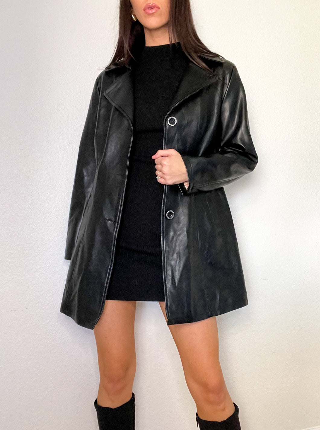 Black Genuine Leather Trench Coat Jacket (M/L)