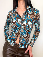 Load image into Gallery viewer, Blue and Brown Printed Y2K Long Sleeve Blouse Top (S)
