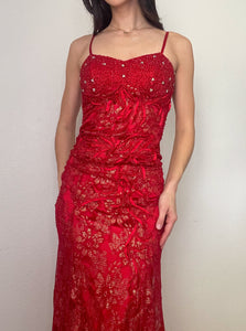 Vintage Red Beaded Prom Dress (M)