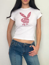 Load image into Gallery viewer, White and Pink Sparkle Playboy Baby Tee (S)
