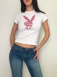 White and Pink Sparkle Playboy Baby Tee (S)