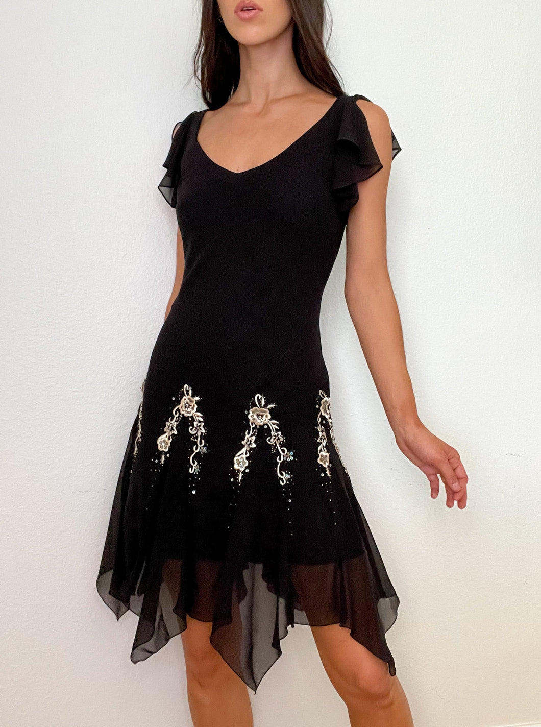 Black Embroidered Vintage Ruffle Midi Dress (M)