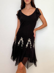 Black Embroidered Vintage Ruffle Midi Dress (M)