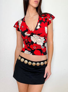 Red Floral Flowy Blouse Top (S)