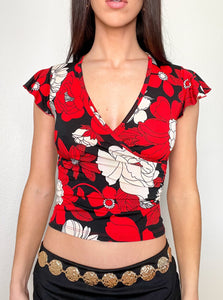 Red Floral Flowy Blouse Top (S)