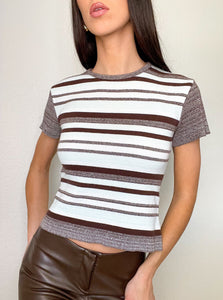 Brown Striped 90s Short Sleeve Knit Top (M)