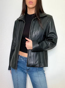 Black Zip Up Y2K Leather Jacket (M)