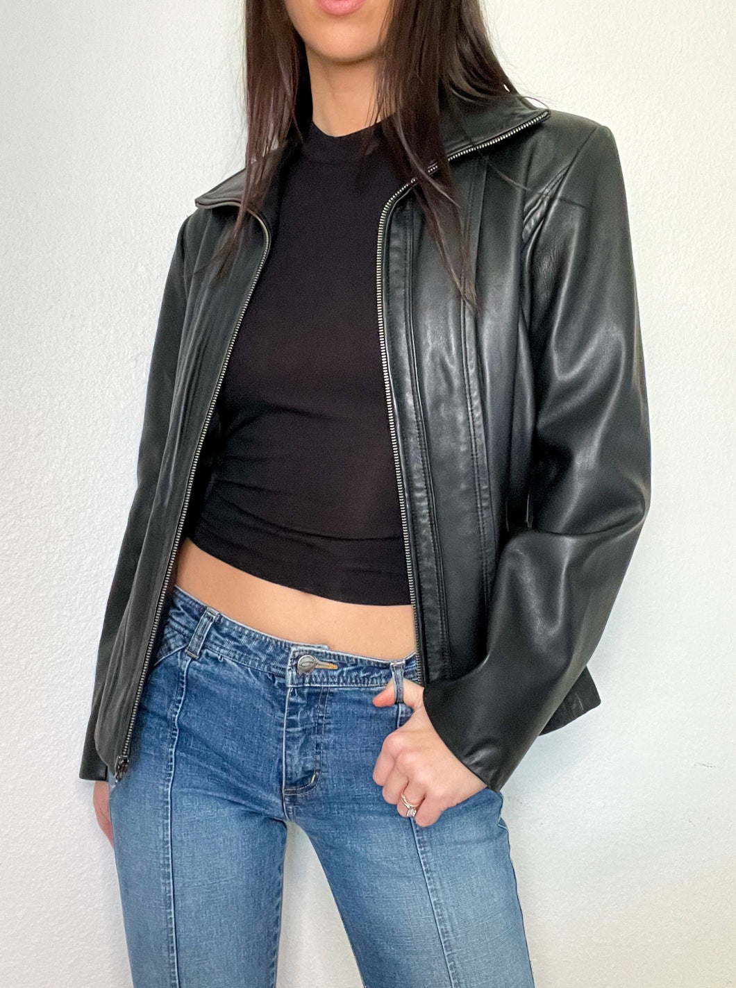 Black Zip Up Y2K Leather Jacket (M)