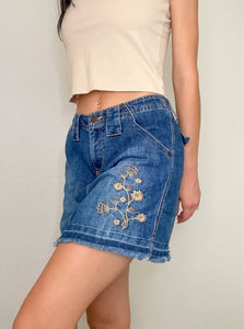 Embroidered Floral Denim Mini Skirt (S)